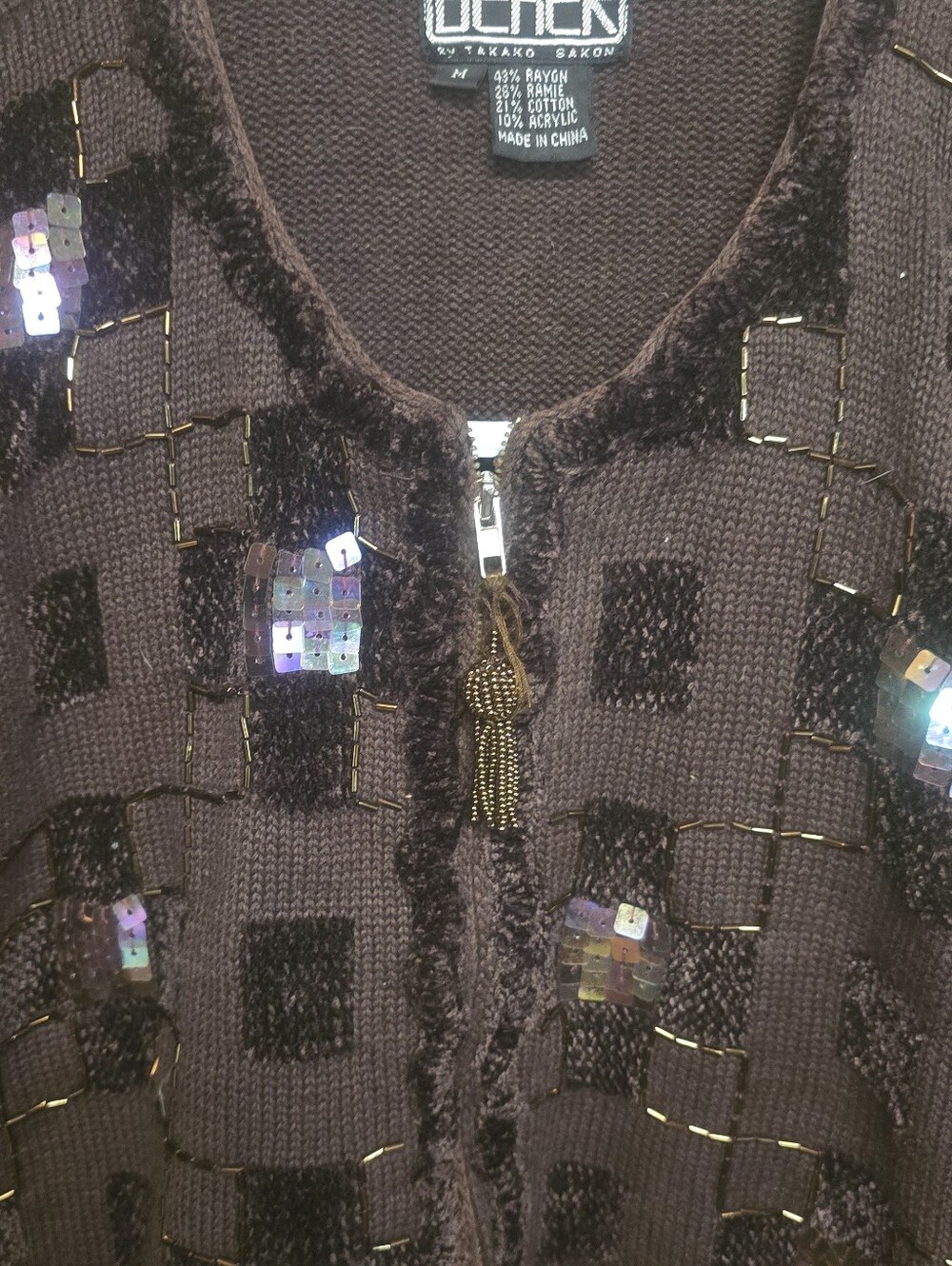 Berek By Takako Sakon Brown Checkerboard Geometric Sequins Zip-Front Cardigan - Picture 3 of 4